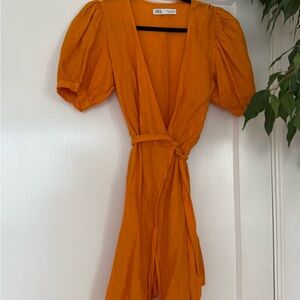 Zara Bright Orange Puff Sleeve Mini Dress